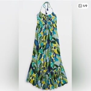 Aerie Tropical Paradise Beach Palm Print Halter Cut Out Maxi Midi Sundress. Sz S